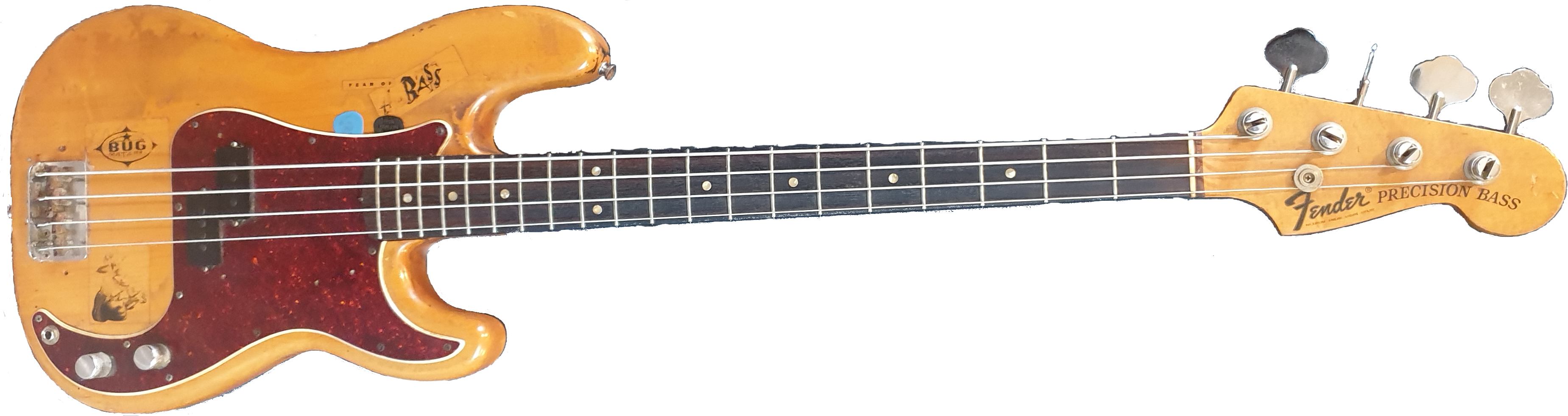 Photograph of Andy P's own road-worn Fender Precision Bass — the same instrument used for teaching and gigs, not stock imagery